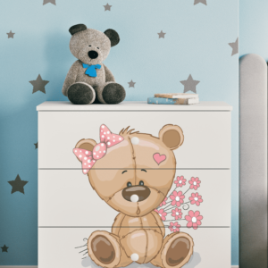 Babydreams børnekommode med bamse med blomster, m. 3 skuffer - hvid laminat