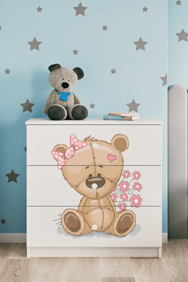 Babydreams børnekommode med bamse med blomster, m. 3 skuffer - hvid laminat