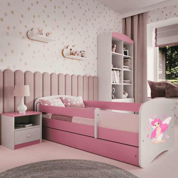 Babydreams juniorseng fe/sommerfugle, m. madras, sengehest, skuffe - hvid/lyserød laminat (140x70)