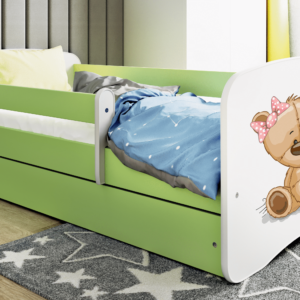 Babydreams juniorseng m bamse/blomster, m. madras, sengehest, skuffe - hvid og grøn laminat (140x70)