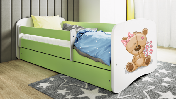 Babydreams juniorseng m bamse/blomster, m. madras, sengehest, skuffe - hvid og grøn laminat (140x70)