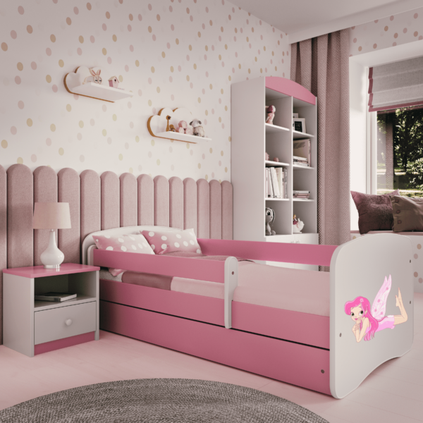 Babydreams juniorseng m. fe med vinger, m. madras, sengehest, skuffe - hvid/lyserød laminat (180x80)