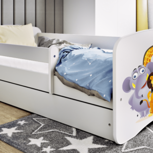 Babydreams juniorseng med Zoo dyr, m. madras, sengehest, skuffe - hvid laminat (140x70)