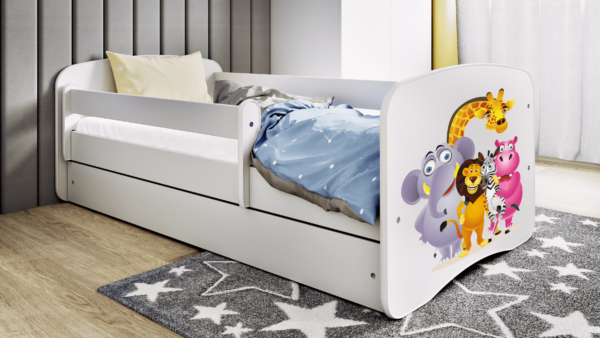 Babydreams juniorseng med Zoo dyr, m. madras, sengehest, skuffe - hvid laminat (140x70)