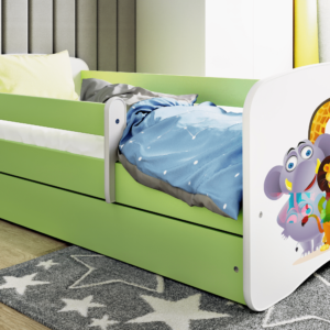 Babydreams juniorseng med Zoo dyr, m. madras, sengehest, skuffe - hvid/grøn laminat (140x70)