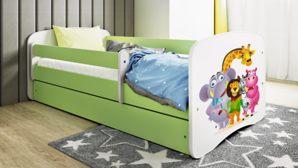 Babydreams juniorseng med Zoo dyr, m. madras, sengehest, skuffe - hvid/grøn laminat (140x70)