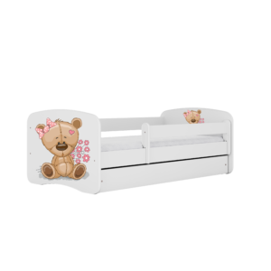 Babydreams juniorseng med bamse og blomster, m. madras, sengehest og skuffe - hvid laminat (160x80)