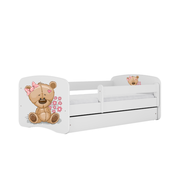 Babydreams juniorseng med bamse og blomster, m. madras, sengehest og skuffe - hvid laminat (160x80)