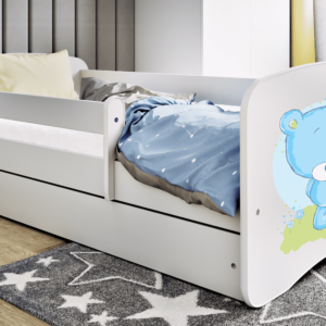 Babydreams juniorseng med blå bamse, m. madras, sengehest, skuffe - hvid laminat (140x70)