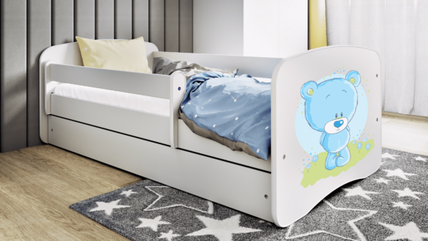 Babydreams juniorseng med blå bamse, m. madras, sengehest, skuffe - hvid laminat (140x70)