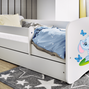 Babydreams juniorseng med elefant, m. madras, sengehest, skuffe - hvid laminat (140x70)