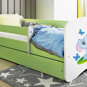 Babydreams juniorseng med elefant, m. madras, sengehest, skuffe - hvid/grøn laminat (140x70)