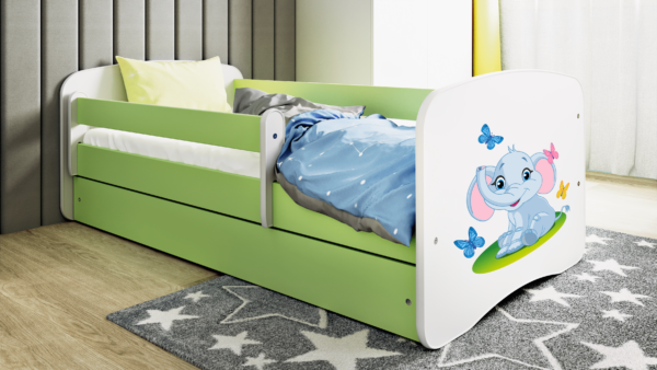 Babydreams juniorseng med elefant, m. madras, sengehest, skuffe - hvid/grøn laminat (140x70)