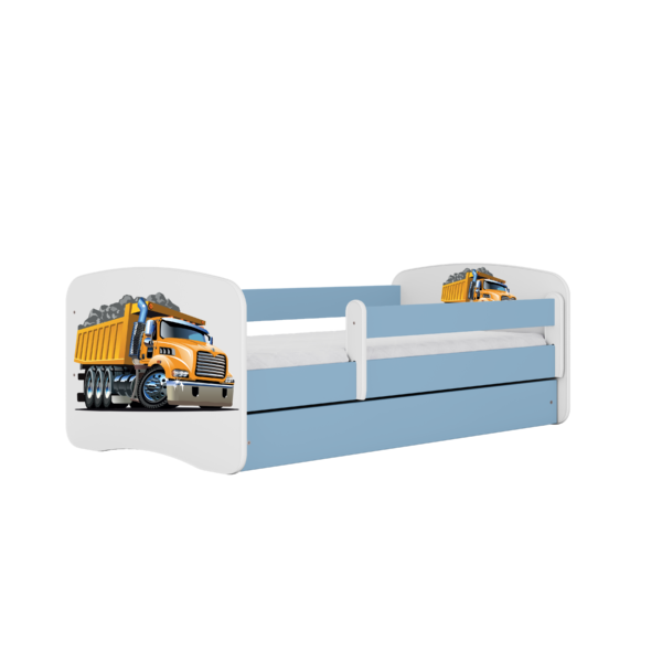 Babydreams juniorseng med lastbil, m. madras, sengehest, skuffe - hvid og blå laminat (180x80)