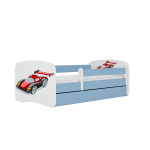 Babydreams juniorseng med racerbil, m. madras, sengehest, skuffe - hvid og blå laminat (180x80)