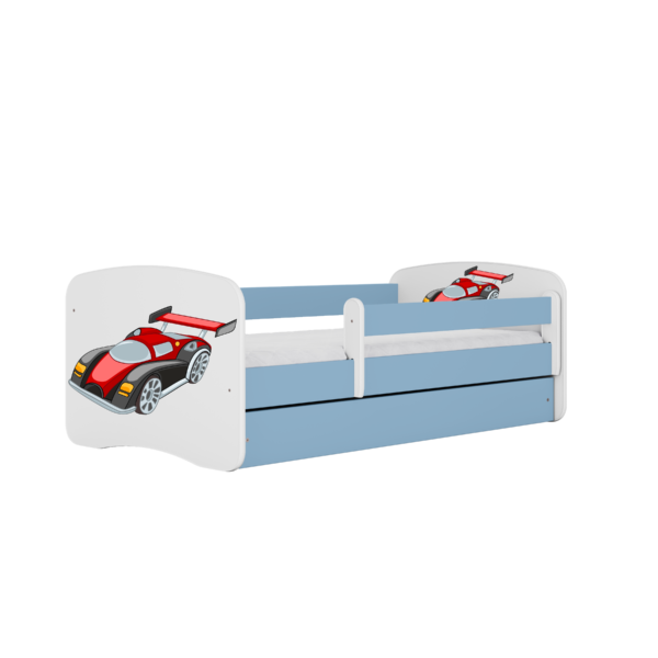 Babydreams juniorseng med racerbil, m. madras, sengehest, skuffe - hvid og blå laminat (180x80)