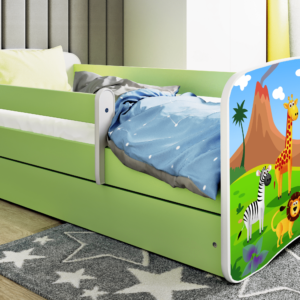 Babydreams juniorseng med safari dyr, m. madras, sengehest, skuffe - hvid/grøn laminat (140x70)