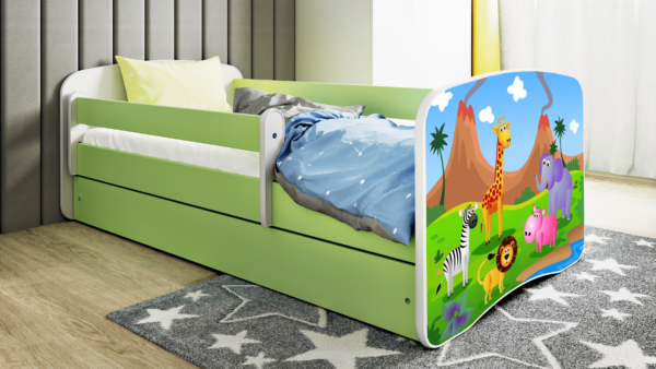 Babydreams juniorseng med safari dyr, m. madras, sengehest, skuffe - hvid/grøn laminat (140x70)